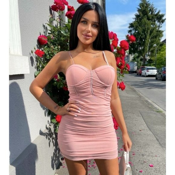 Pink Sleeveless Bustier Ruched Bodycon Mini Dress - Picture 1 of 11